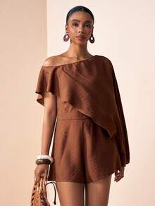 Zivah 2026春夏新款音乐节、复活节、圣帕特里克节、情人节、约会、西部风、游牧风、生日派对、毕业典礼、大学、学生、日常休闲、百搭基础款、休闲、度假、邮轮旅行、海滩、日光浴、热门款、街头风、婚礼宾客波西米亚风、通勤、早午餐、机场、派对、假日郊游、办公装、不对称肩部飘逸连体裤、亚麻棕色连体裤 - 棕色 - 查看 7