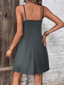 SHEIN LUNE 纯色褶皱无袖休闲日常连衣裙 - 深灰色 - 查看 2