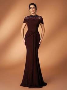 Serin 优雅奢华的菱形图案薄纱拼接弹力针织褶皱袖鱼尾裙，适合婚礼、派对、度假、舞会、新娘母亲晚礼服 - 酒紅色 - 查看 6