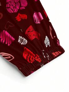 Sweetra 大码女式爱心印花阔腿抽绳连体裤 - 酒紅色 - 查看 7