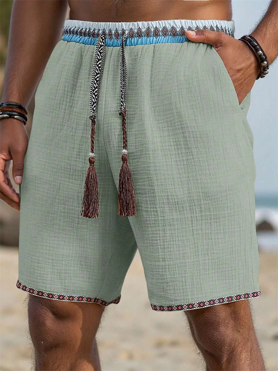 Genlund Quần short nam phong cách bohemian cổ điển, thích hợp mặc hàng ngày đi biển, được làm từ chất liệu giả lanh có họa tiết và dây đai, có thắt lưng co giãn, hoàn hảo cho kỳ nghỉ ở bãi biển Hawaii, các lễ hội âm nhạc và mặc hàng ngày, cũng là một món quà tuyệt vời cho bạn trai hoặc chồng của bạn. Quần short nam mùa hè có dây rút và tua rua, trang phục mùa hè cho nam, quần short nam, vải lanh mùa hè - Màu xanh lục của thợ săn - Xem 1