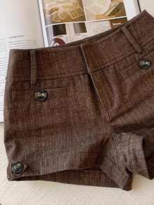 Resyla 女士夏季时尚英伦风纽扣装饰短裤 - 棕色 - 查看 4