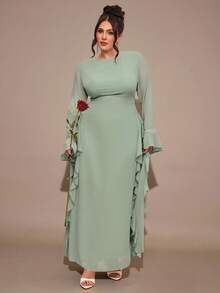 SHEIN BAE 大码女式纯色圆领喇叭袖荷叶边下摆优雅连衣裙 - 綠色 - 查看 4