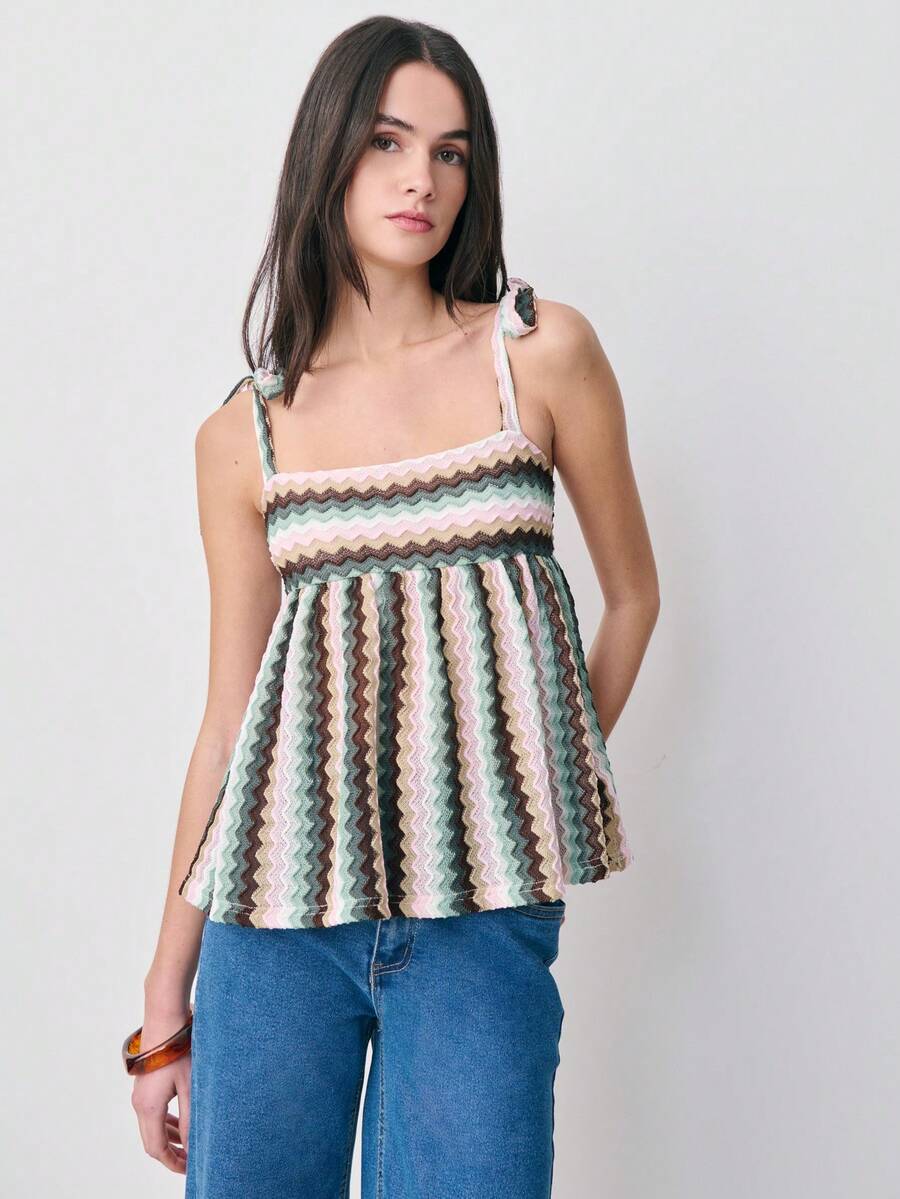 Nöista Zigzag Textured Knit Sleeveless Top With Adjustable Tie Straps. Spring, Summer, Boho, Festival, Summer Outfit, Woman. - Green - View 1