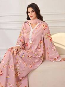 Al Najma Women's Elegant Floral Print Lace V-Neck Loose Long Arabic Dress - Pink - View 7