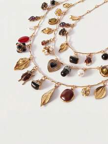 Glisma 1pc Vintage Multilayer Pendant Necklace With Insect, Leaf, Heart, Geometric Chain Charm Design - Layered Necklace - View 3