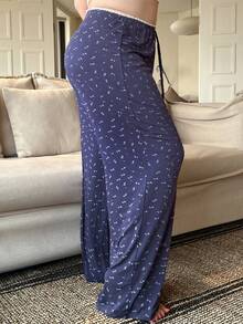 Dazy Plus Ditsy Floral Drawstring Waist Fitted Straight Leg Pajama Bottoms - Navy Blue - View 6