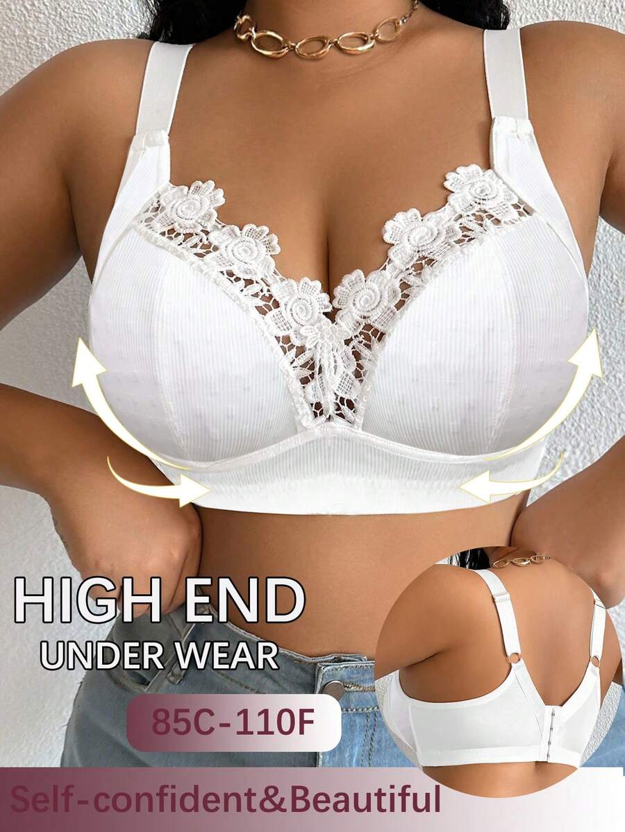 大码优雅纯色蕾丝拼接无钢圈文胸 - 白色 - 查看 1