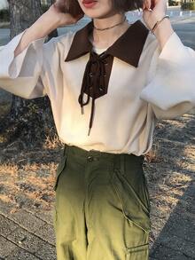 FRIFUL Women's Apricot Patchwork Contrast Color Drawstring Bow Textured Loose Casual Versatile T-Shirt - Apricot - View 6