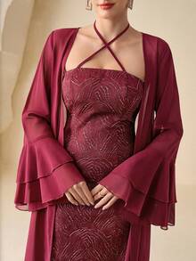 Modelyn Conjunto elegante de 2 piezas para mujer: Chaqueta de manga larga de gasa en borgoña y vestido de línea A con cintura ceñida y escote halter metálico, para primavera/verano - Burdeos - Ver 3