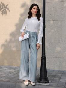 SHEIN Lacomfia Pleated Design Loose Blue Casual Elastic Waist Pants - Blue - View 5