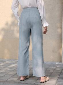 SHEIN Lacomfia Pleated Design Loose Blue Casual Elastic Waist Pants - Blue - View 7