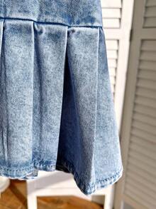 Young Girl' White Ribbon Bow Accent Blue Denim Ruffle Trim Puff Sleeve Dress - Light Wash - View 7