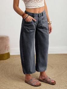 SHEIN PETITE 女士纯色休闲牛仔裤 - 黑色 - 查看 4