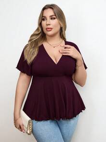 SHEIN Privé Plus Size Deep V-Neck Ribbed Knit A-Line Waist T-Shirt, Summer Tops Plus Size Tops - Rose Red - View 3