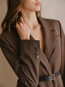 Anewsta Urban Chic Striped Long Sleeve Lapel Blazer Jacket + High Waist Drape Striped Suit Pants Women's Suit Set With Belt - Brown - View 7