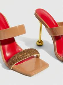 CUCCOO SZL Women's High Heel Sandals, Square Toe, Rhinestone Embellished, Asymmetric Heel, Suitable For Summer, Nightclub, Party, Runway - Apricot - View 6