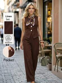 Editum Women's New Elegant Sleeveless Top And Pants Minimalist Commuting Casual Linen Suit Summer Spring Break Outfits Carnival Costume Women Valentine's Day Suitable For Spring/Summer Carnival - Brown - View 2