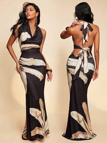 Travachic Đầm buộc dây cổ cổ họa tiết tối giản dành cho nữ - Nhiều màu - Xem 1