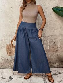 EMERY ROSE 女士休闲日常褶皱宽松阔腿牛仔裤，夏季 - 藍色 - 查看 6