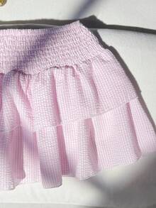 SHEIN 少女腰部收褶条纹A字裙，粉色和白色 - 粉色 - 查看 4