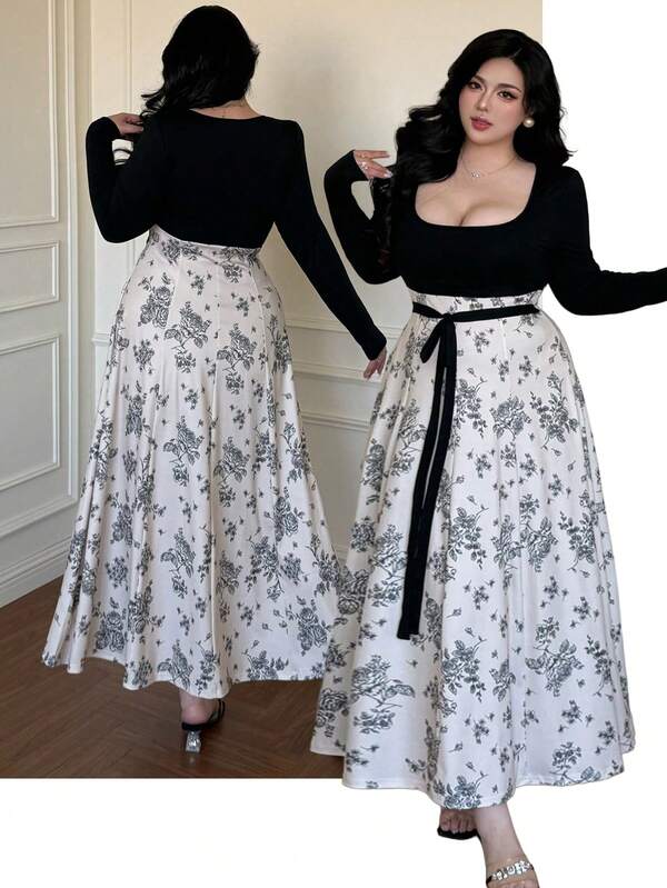 Vibekara Plus Size Square Neck Long Sleeve Elegant Floral Contrast Color Summer Dress