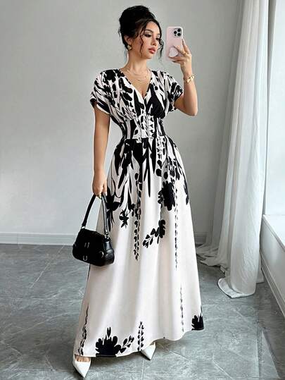 Elenzga V-Neck Floral Cinched Waist Flattering Floral Print Long Dress For Women For Spring/Summer, Elegant For Spring/Summer/Fall/Winter Season, Concert Women's Clothing, Elegant, Evening Gowns, Suitable For Everyday, Commute, Wedding Season/Music Festival