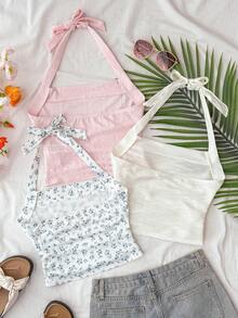 SHEIN Teen Girl 3 PiecesRuffle Casual Halter Neck Camisole Set - Multicolor - View 2