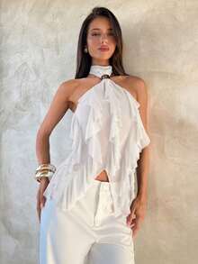 Aloruh 女士优雅多层荷叶边立领修身背心 - 白色 - 查看 7