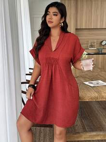 Weeklong Plus Size Women's Casual Turndown Collar Tie-Front A-Line Short Dress, Spring/Summer - Rust Brown - View 4