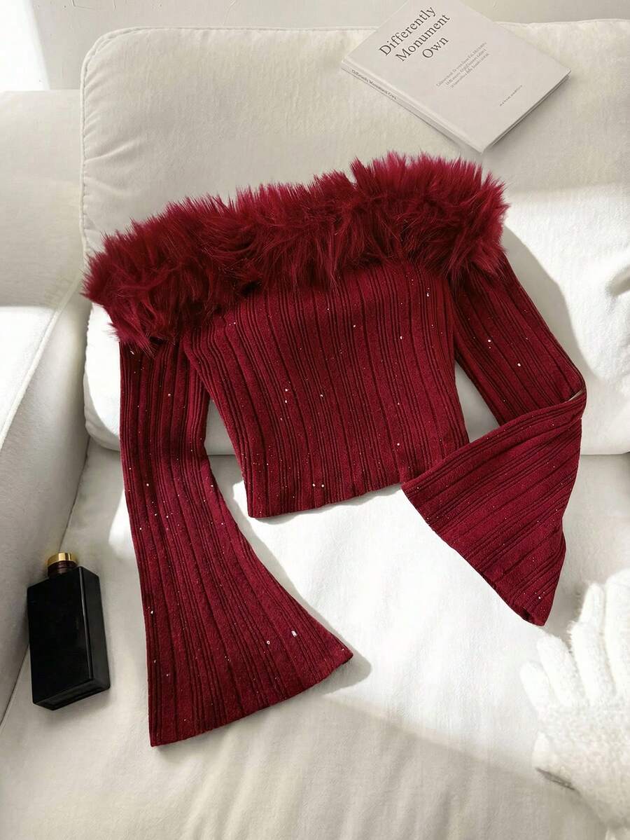 SHEIN Áo thun tay loe hở vai, trang trí bông xù, giản dị, thanh lịch dành cho bé gái tuổi mới lớn - Màu Đỏ Sâu - Xem 1