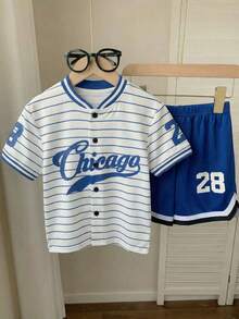 SHEIN Young Boys Summer Casual Striped Button-Front T-Shirt And Shorts Set - Blue and White - View 1