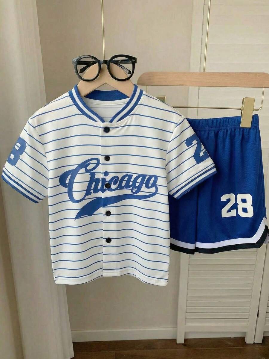 SHEIN Young Boys Summer Casual Striped Button-Front T-Shirt And Shorts Set - Blue and White - View 1