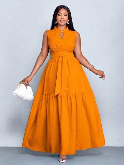 SOLERSUN 加大码蓝色立领前开襟无袖束腰系带连衣裙女式优雅休闲时尚通勤外出连衣裙夏季新款女装