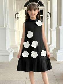 SHEIN Vestido sin mangas para niña preadolescente con cuello mao, manga corta, tejido con bloqueo de color y decoración floral 3D, adecuado para fiesta de cumpleaños, Día de San Valentín - Negro - Ver 9