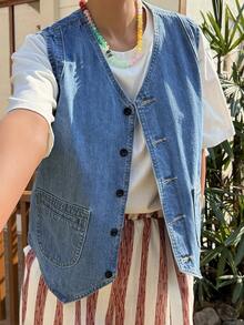 Livesso 女士纯棉蓝色无袖V领休闲牛仔衬衫，夏季 - 藍色 - 查看 3