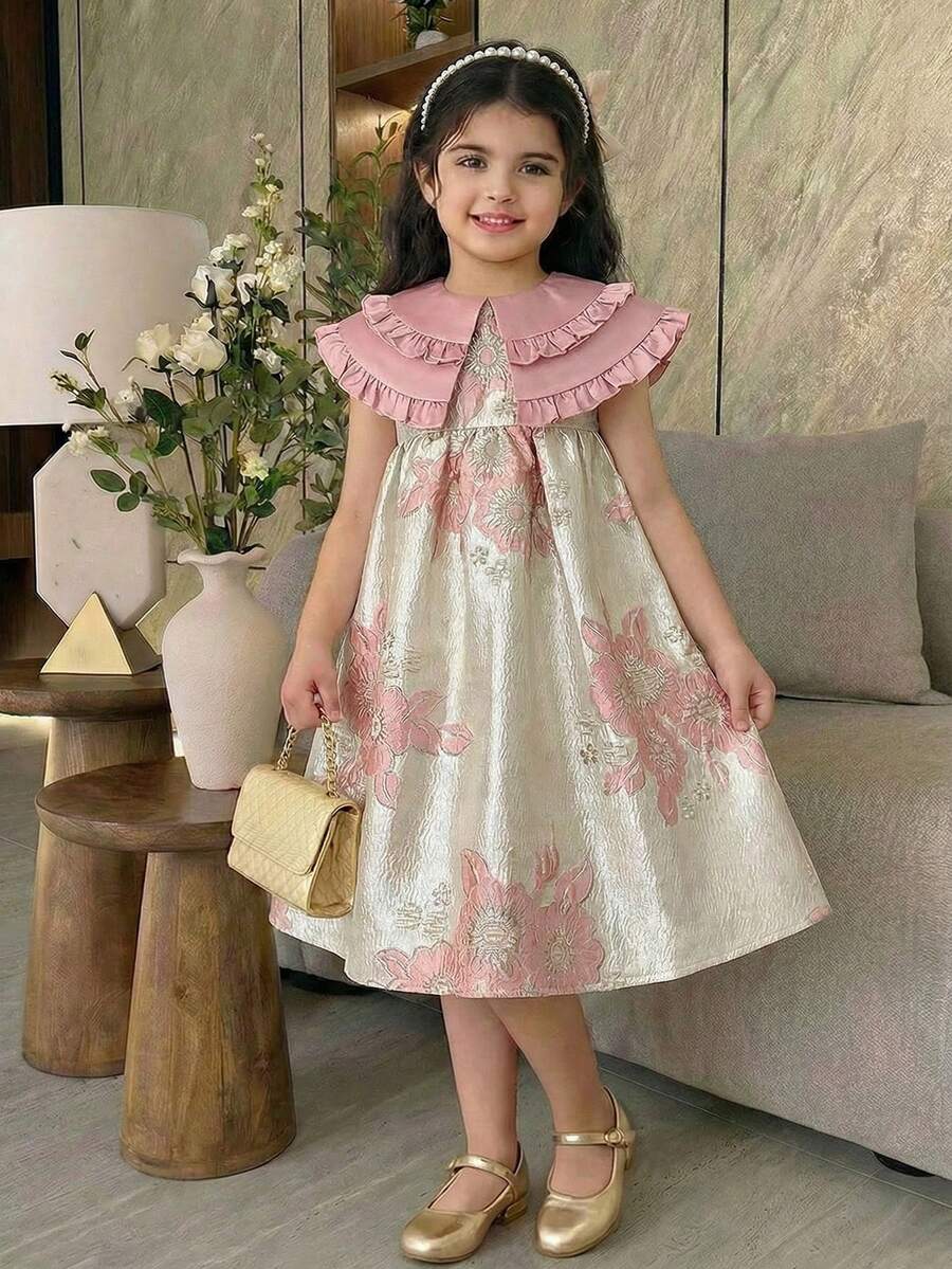 SHEIN 少女撞色拼接露背立领A字连衣裙，适合家庭度假、可爱优雅时尚的派对、生日等场合，尽显公主风范，母女姐妹装也同样适用。春夏款。 - 粉色 - 查看 1