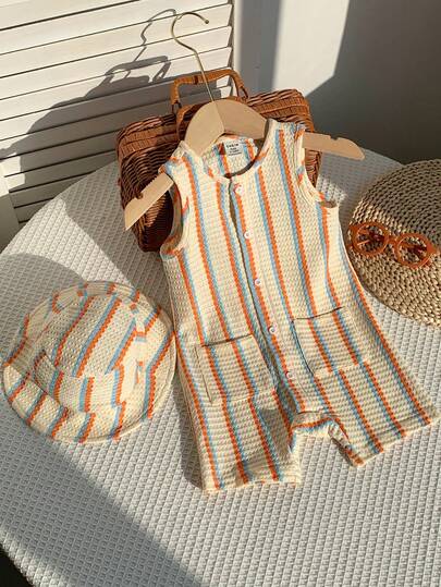 SHEIN 2件套新生儿男女宝宝休闲可爱条纹华夫格无袖连体衣和遮阳帽套装，春夏款