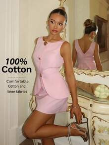 Glamine Charm 两件套女士粉色梭织棉布套装，饰有贝壳和海星金属扣，带衬里，时尚休闲办公百搭女士服装 - 粉色 - 查看 2