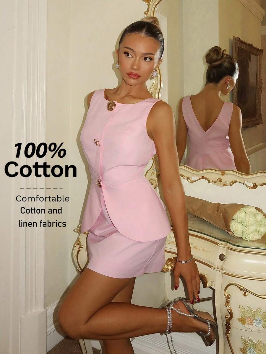 Glamine Charm 两件套女士粉色梭织棉布套装，饰有贝壳和海星金属扣，带衬里，时尚休闲办公百搭女士服装