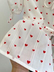 Resyla Women's Spring/Summer New French Romantic Bow Tie Heart Print Open Front Puff Sleeve Blouse - White - View 6