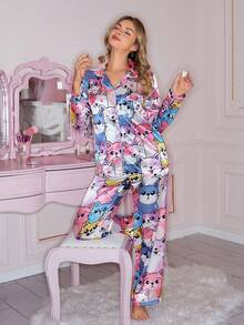 情人节可爱卡通猫图案翻领开衫女士睡衣套装 - 彩色 - 查看 6