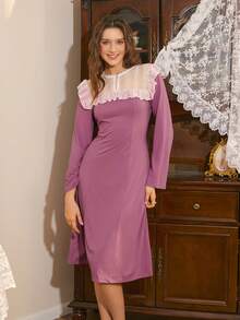 Côtesoire Women's Elegant Contrast Lace Ruffle Hem Nightgown, Autumn - Dusty Pink - View 5