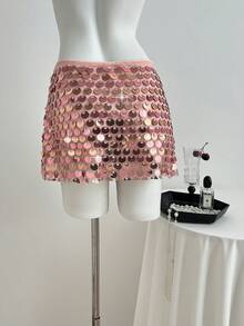 Elamini Women's Retro Sweet & Spicy Low Waist Mini Mesh Sequin Sequins Party Skirt - Pink - View 2