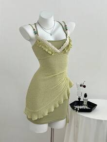 Elamini 女士休闲深V领荷叶边镂空不规则荷叶边下摆抽绳系带连衣裙 - 綠色 - 查看 7