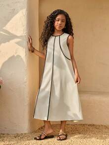 Sparklyn 少女休闲度假卡其色亚麻撞色滚边宽松连衣裙，适合海滩度假 - 卡其色 - 查看 3