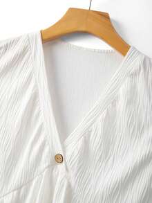 Franclia 女士V领单排扣荷叶边下摆无袖休闲/工作/约会/日常穿着上衣，优雅百搭 - 白色 - 查看 6