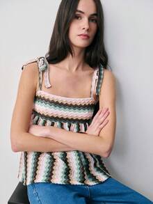 Nöista Zigzag Textured Knit Sleeveless Top With Adjustable Tie Straps. Spring, Summer, Boho, Festival, Summer Outfit, Woman. - Green - View 4