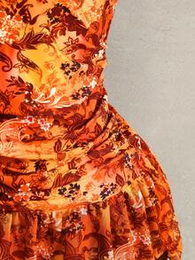 Zestiva Women's 2 Pieces Swimsuit, Fashionable Waist Ruched Front Deep V-Neck Halter Cake Skirt, Summer - Orange - View 6