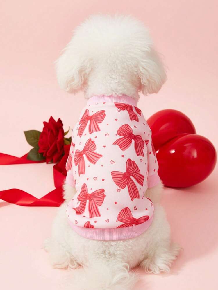 PETSIN 1 Printed Red Bow Sweatshirt, Thick And Warm Pet Style For Autumn And Winter, Pink Color Matching - Pink - View 3